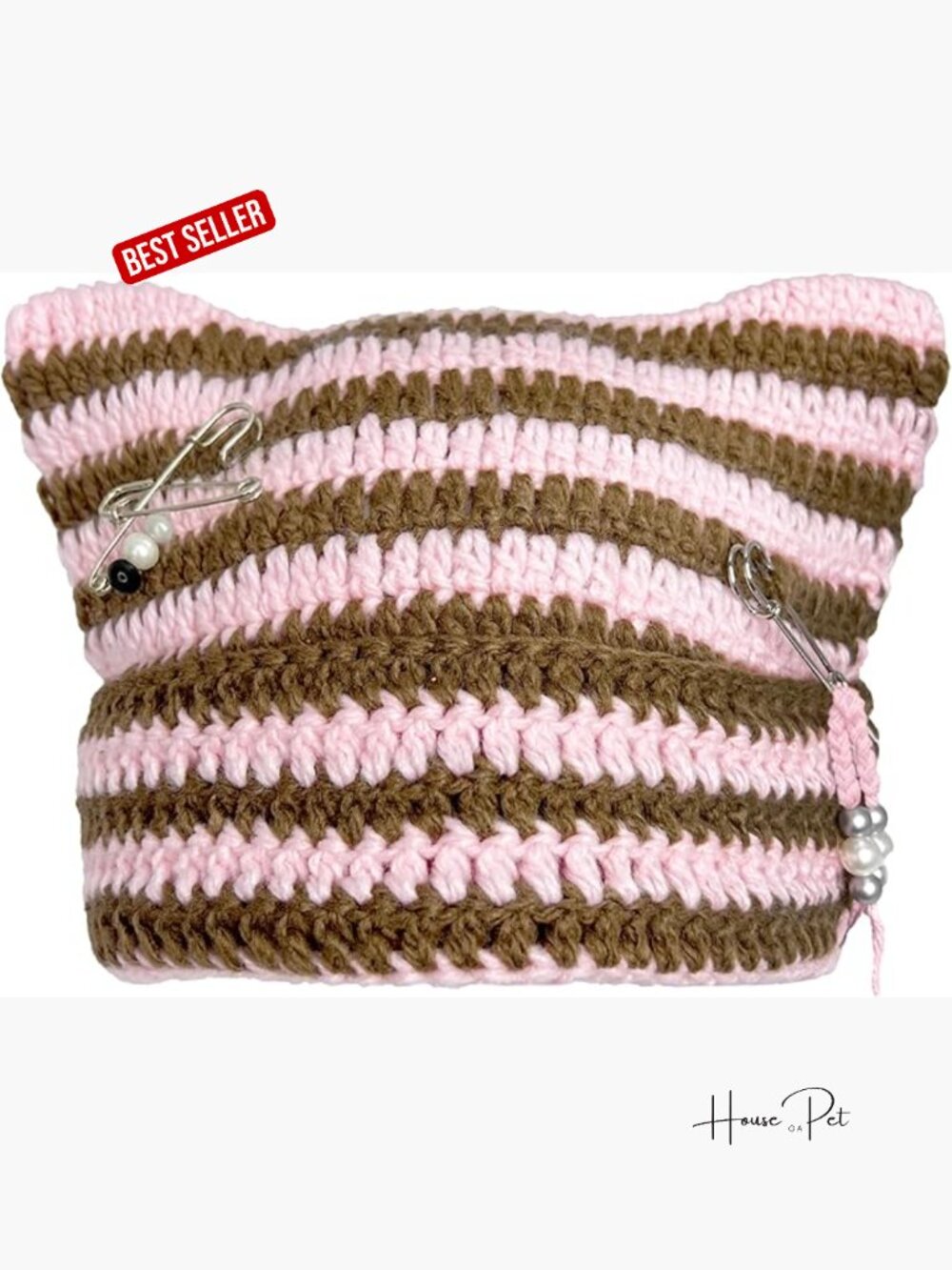 Cat Ear Beanie Hat, Y2K Striped Slouchy Crochet Beanie with DIY Accessories,
